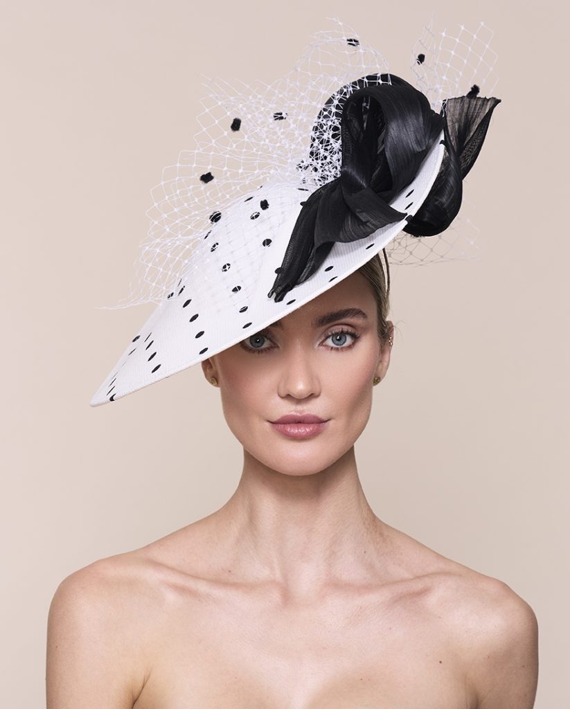 Vivien Sheriff Designer Hats Jockey white hat with black spots and trim