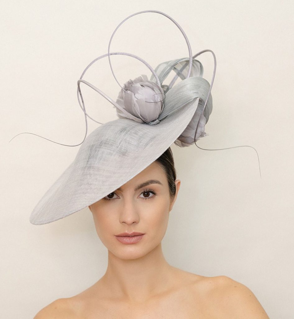 With a Twist silver grey percher designer hat